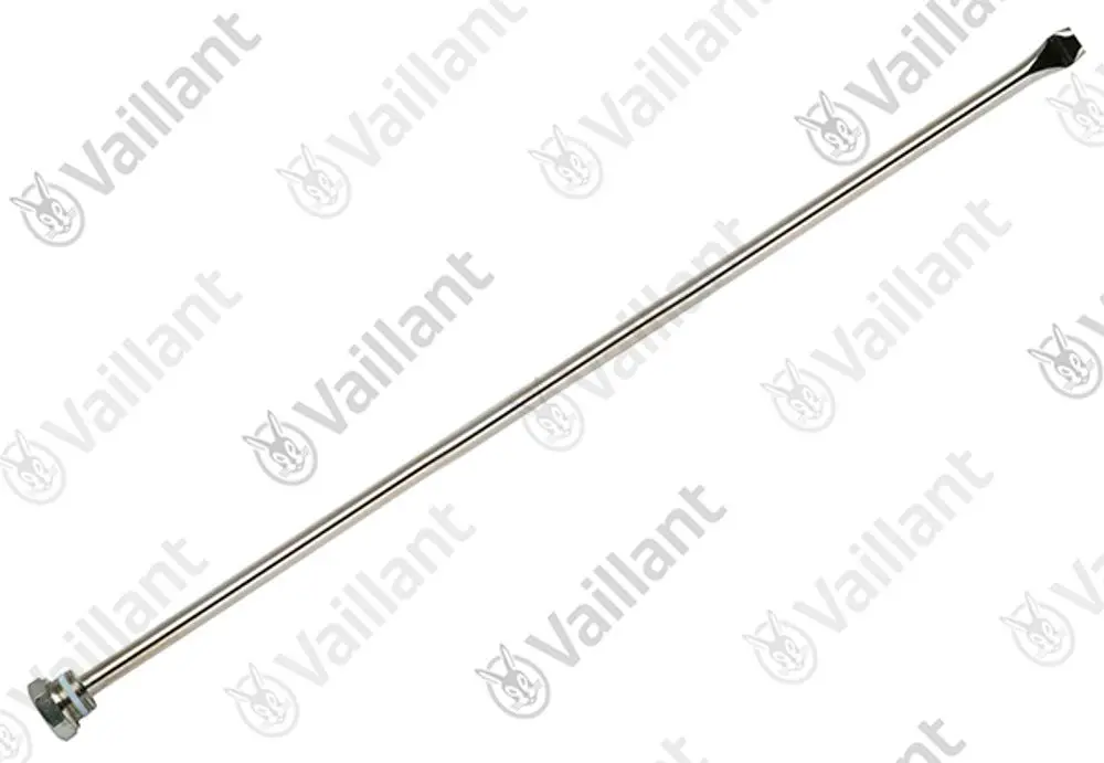 Edelstahl-Tauchhülse von Vaillant mit einer festen Wandhalterung, geeignet für Temperaturfühler, gehalten durch eine zylindrische Form.